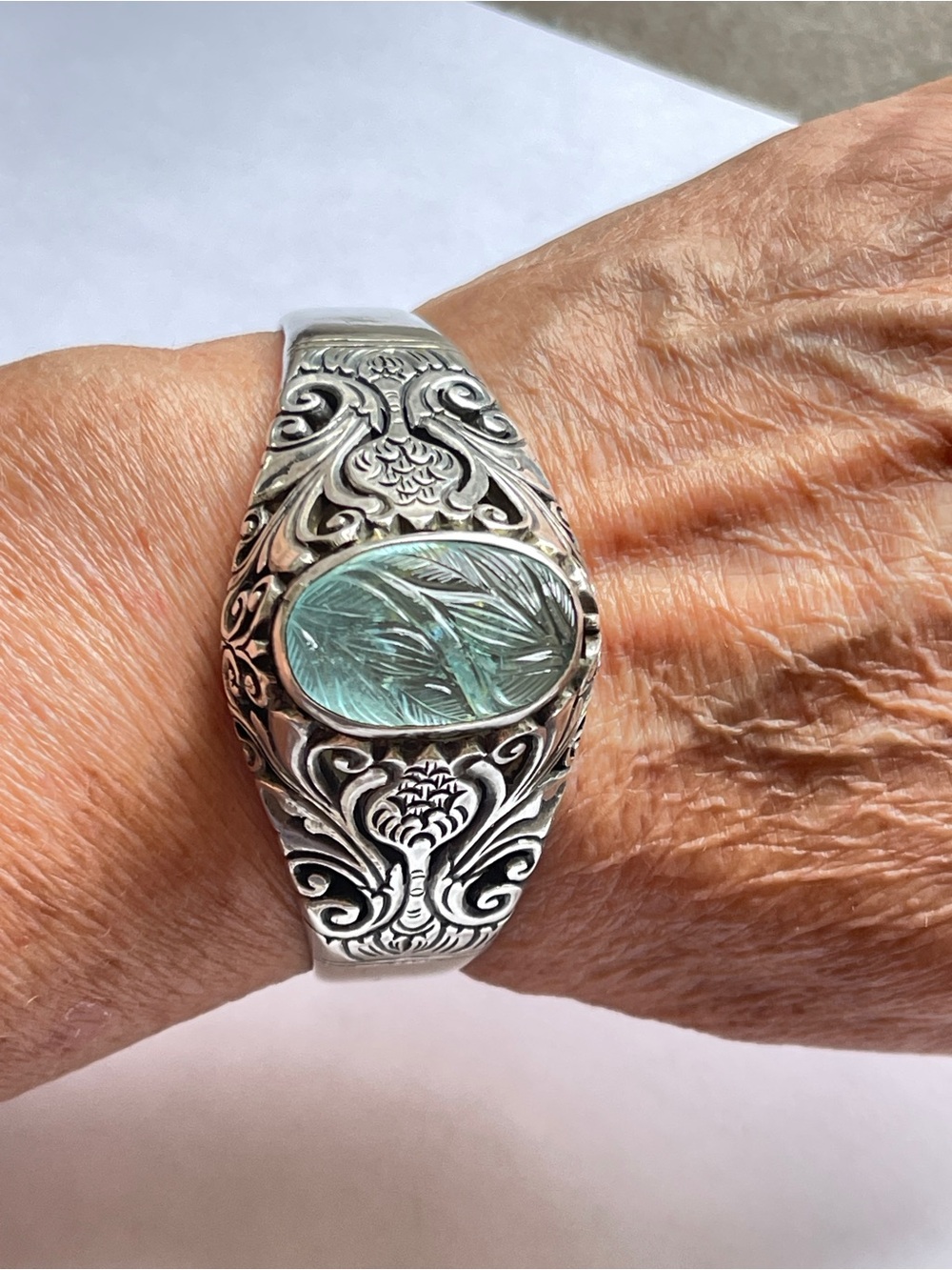 Vintage Antique Style Thistle Design Carved Aquamarine Intaglio Bracelet 950 55g - Picture 2 of 14